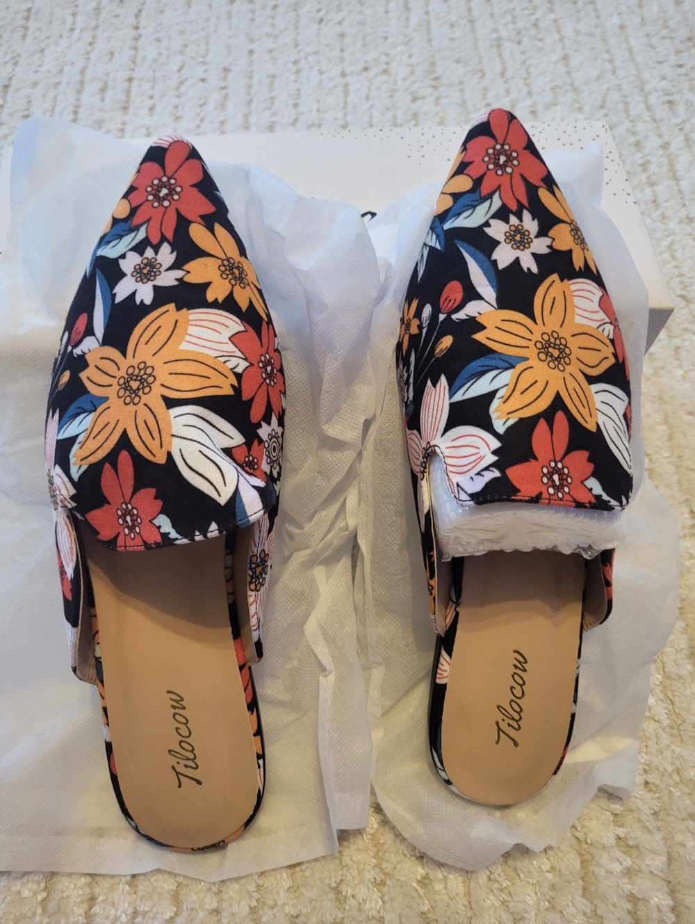Tilocow Floral Pointed Slip-On Mules in Black Multi